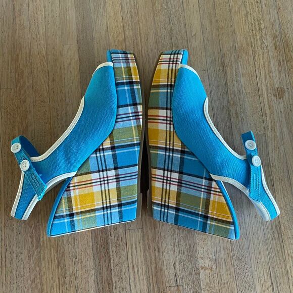 Vintage Y2K Blue Plaid Wedge Sandals Slingback Canvas Platform Shoes Size 7.5 - Picture 4 of 8